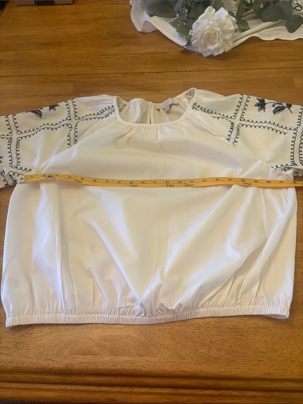 LOFT Cream Blouse with Navy Embroidered Sleeves - Picture 12 of 14